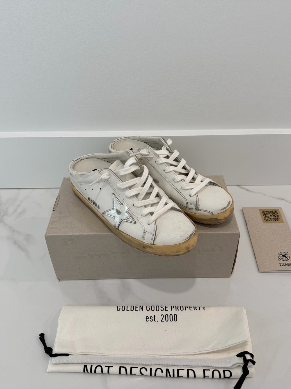 Golden Goose Super Star White Leather Sneakers/Mule With Silver Star Size:38 (7)